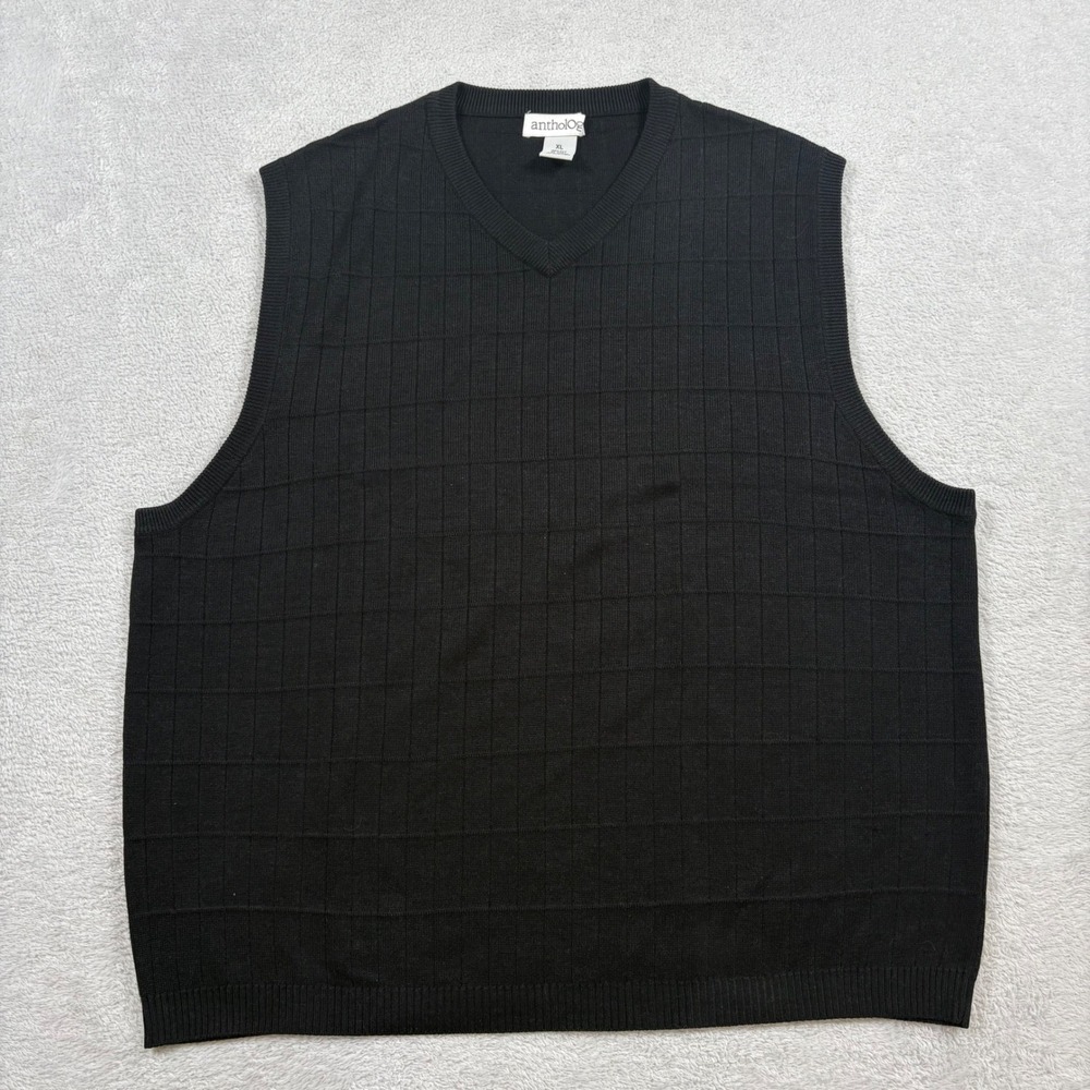 Anthology Mens XL Black 100% Silk V-Neck Grid Knit Sweater Vest Sleeveless XL